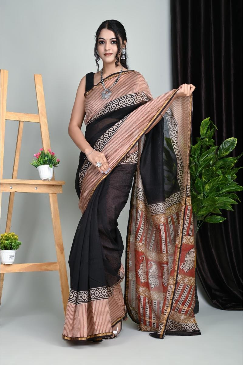 Chanderi silk saree with zari border blaock striped (Front View) | BagruPrintCrafts