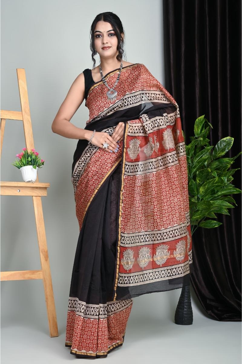 Bagru Print Saree Chanderi Black with Rust Floral (Front View) | BagruPrintCrafts