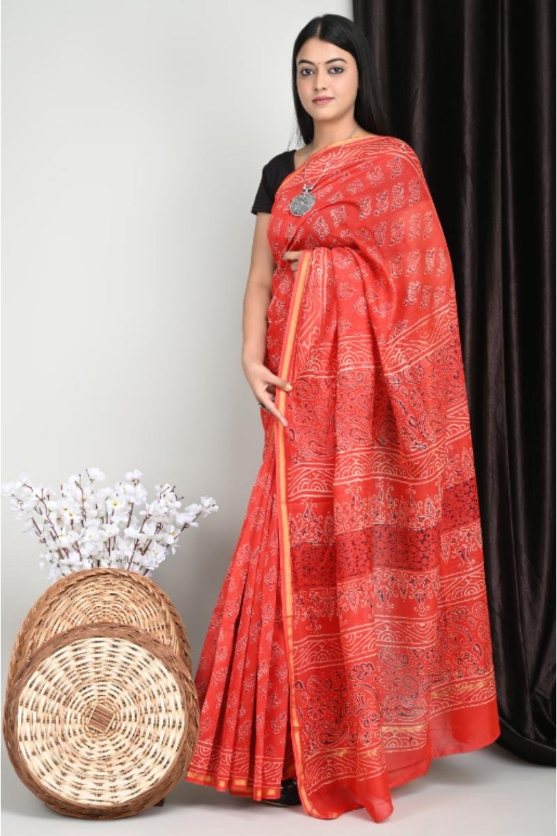 Chanderi Bagru Print Saree Brick Red Paisley Stripes (Front View) | BagruPrintCrafts
