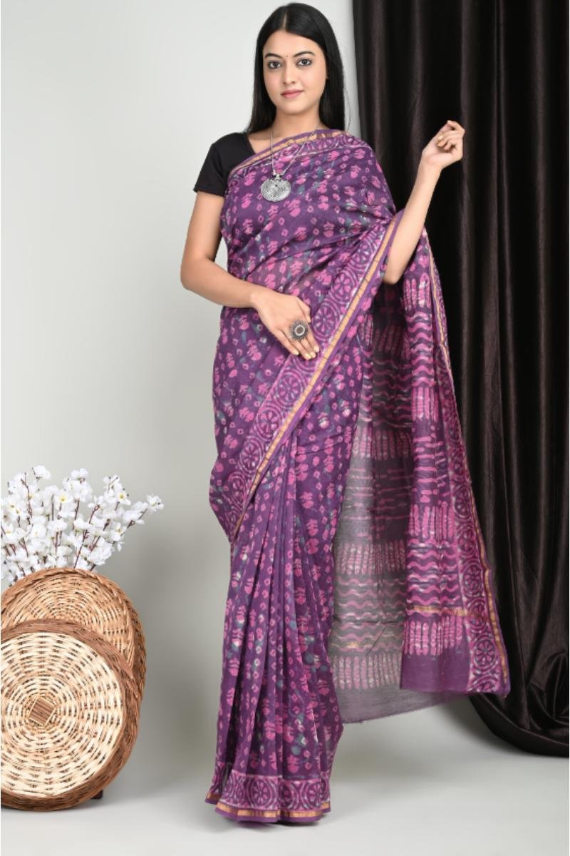 Chanderi Silk Sarees India Purple Floral dabu print (Front View) | BagruPrintCrafts