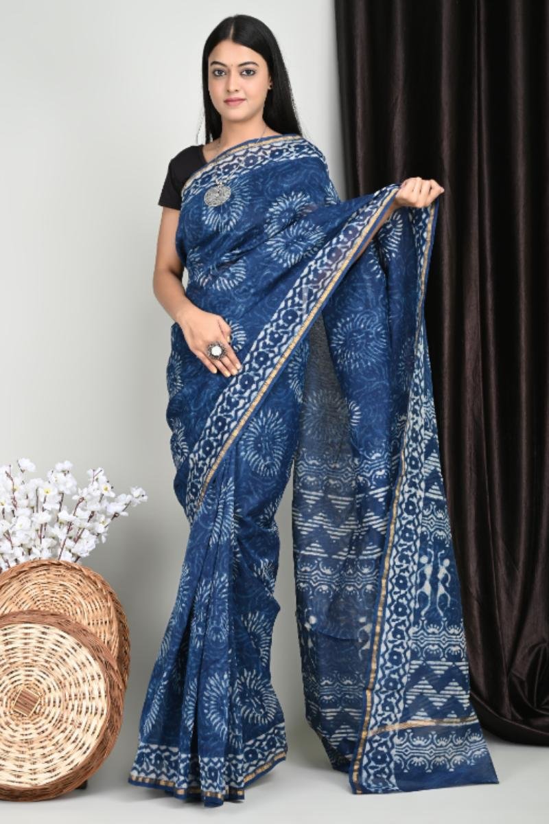 Indigo Chanderi Sarees Indigo Circular Motif (Front View) | BagruPrintCrafts