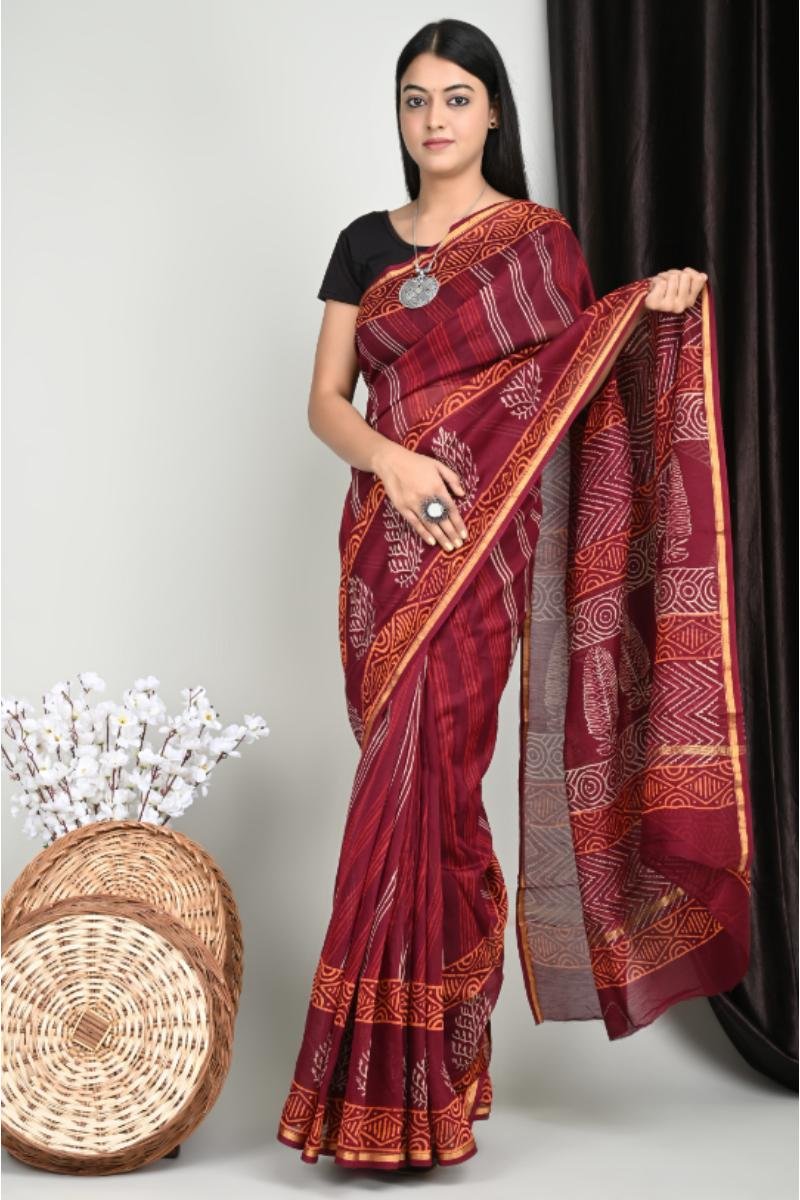 Chanderi Printed Saree Maroon Geometric Stripes (Front View) | BagruPrintCrafts