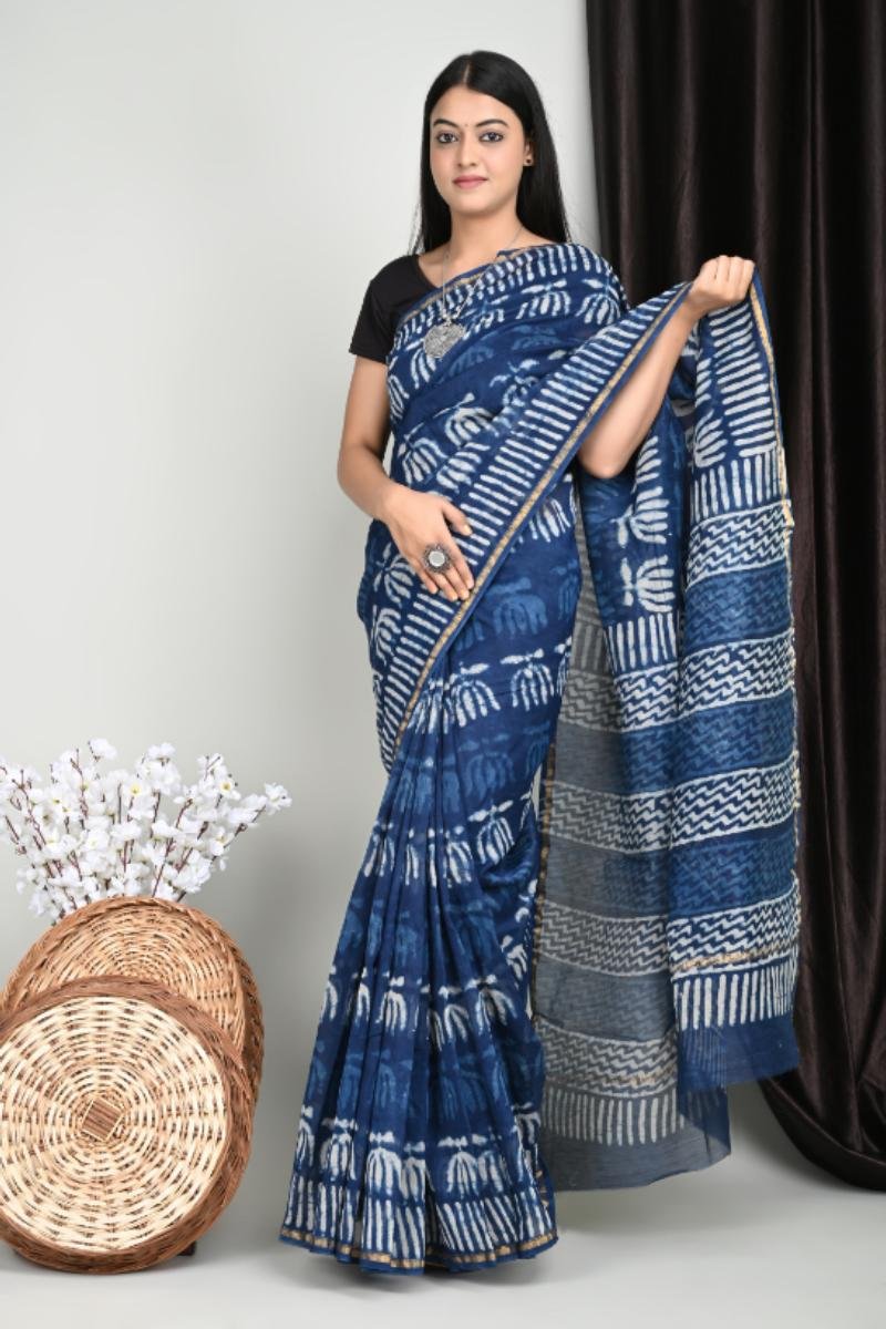 Indigo Chanderi Sarees Indigo Abstract Motifs (Front View) | BagruPrintCrafts