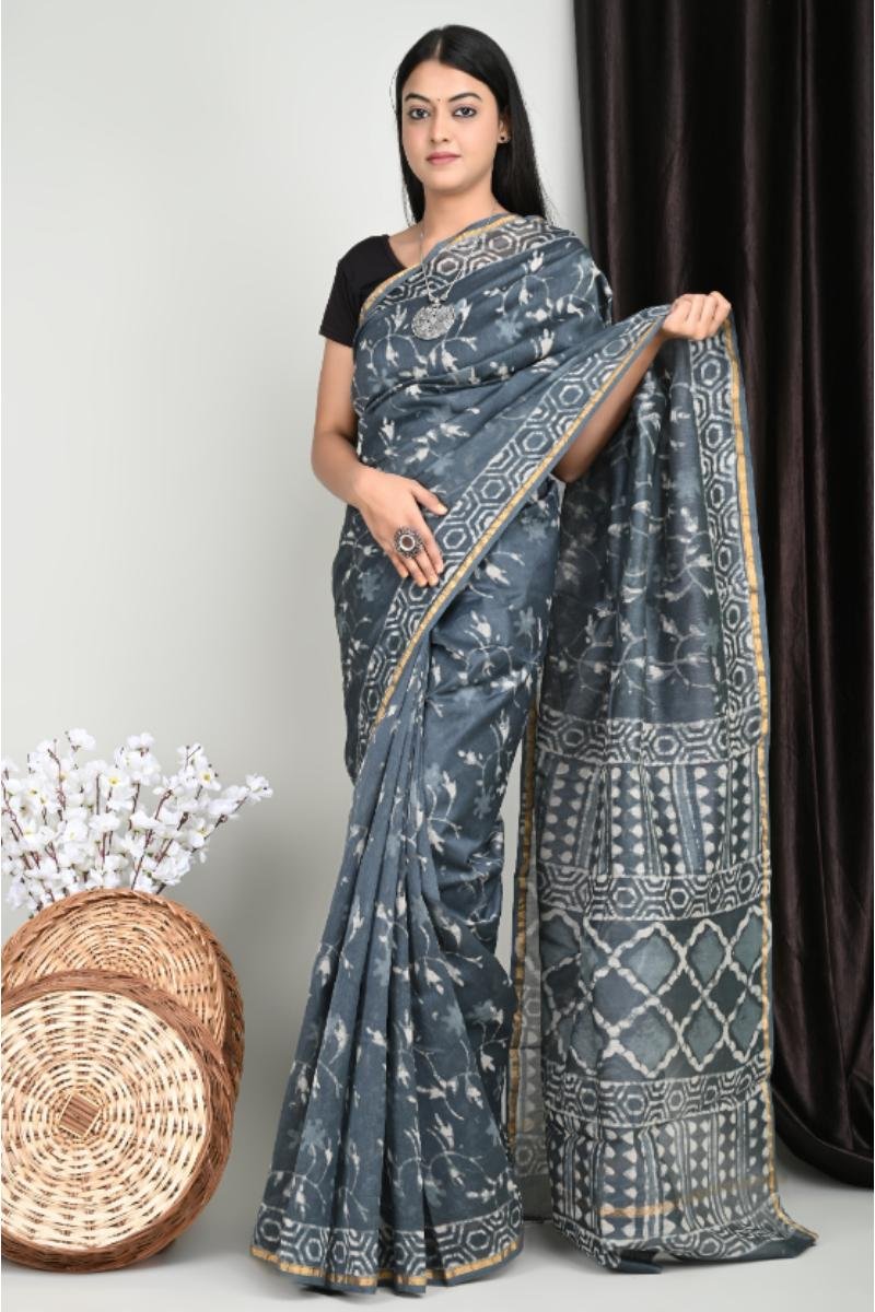 Chanderi Print Saree Slate Grey Botanical Vines (Front View) | BagruPrintCrafts