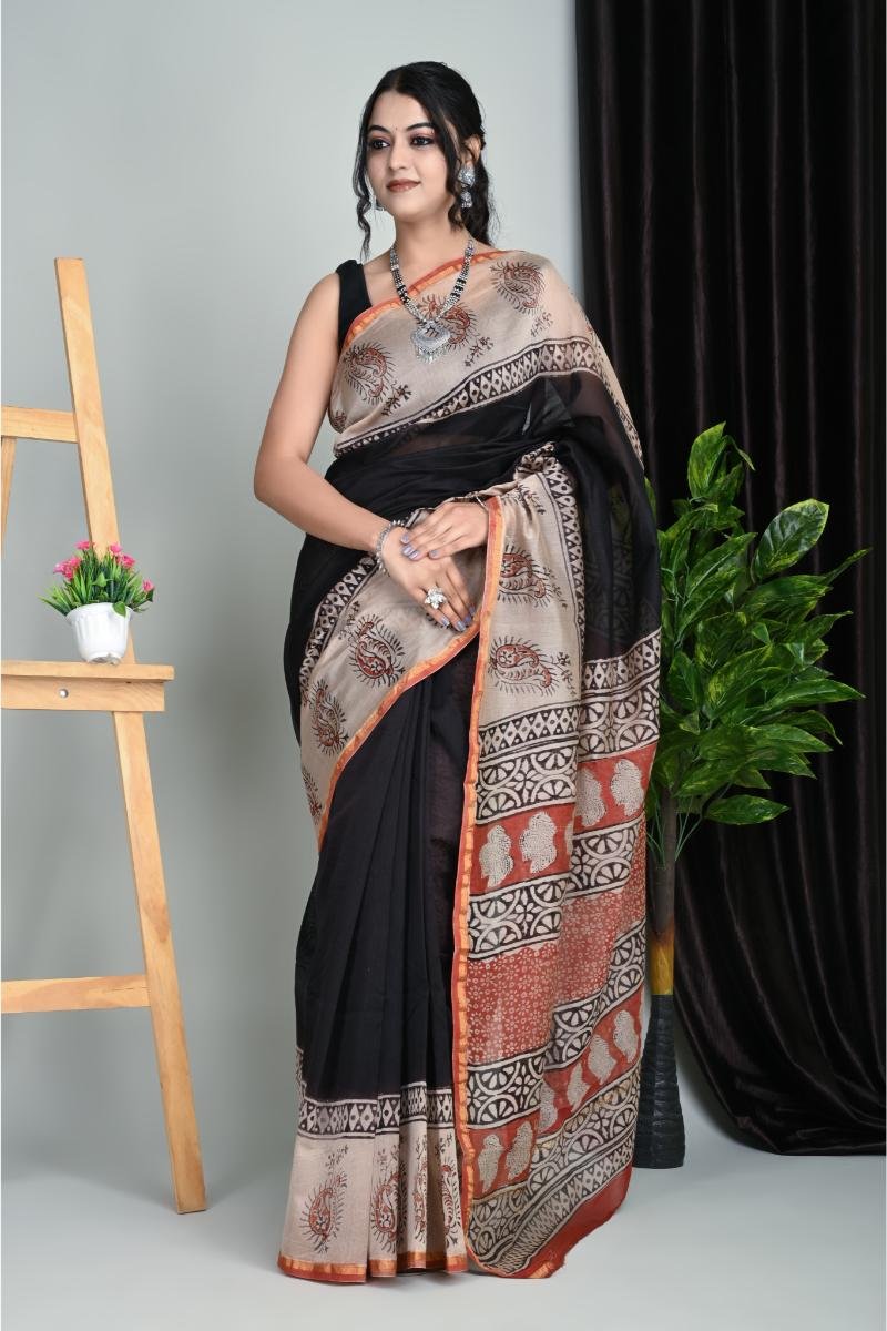 Bagru chanderi sarees - Black Floral Hand Block (Front View) | BagruPrintCrafts