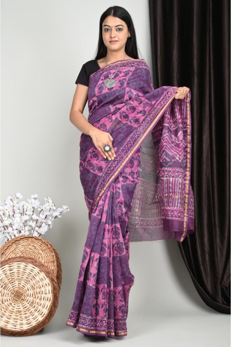 Hand Block Printed Chanderi Silk Sarees Purple Dabu Keri (Front View) | BagruPrintCrafts