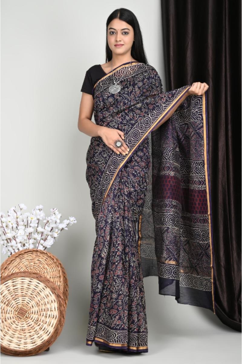 Ajrakh Chanderi Saree Navy Ajrakh (Front View) | BagruPrintCrafts