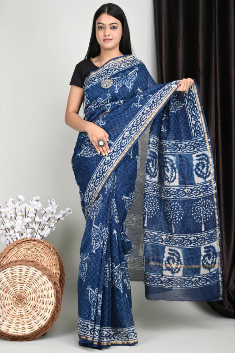 Indigo Chanderi Sarees Indigo Blue Paisley Border (Front View) | BagruPrintCrafts
