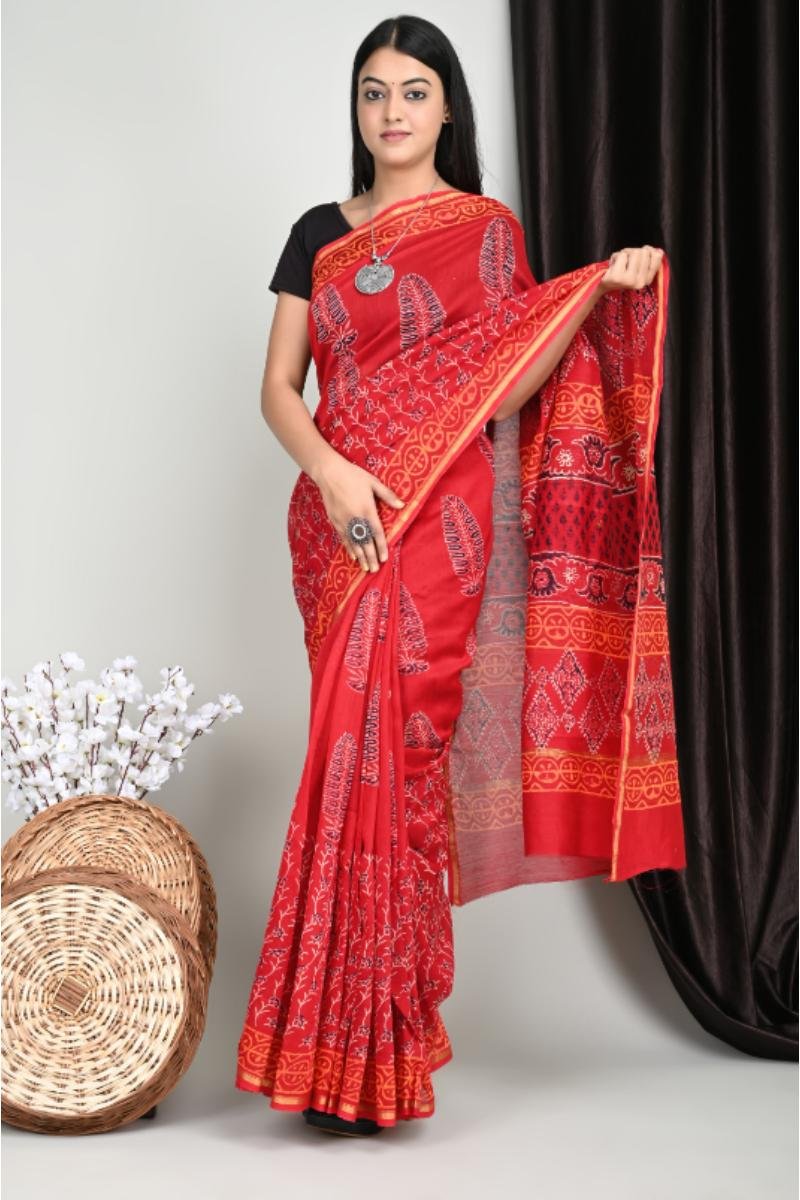 Bagru Print Saree Chanderi Red Leaf Motif (Front View) | BagruPrintCrafts