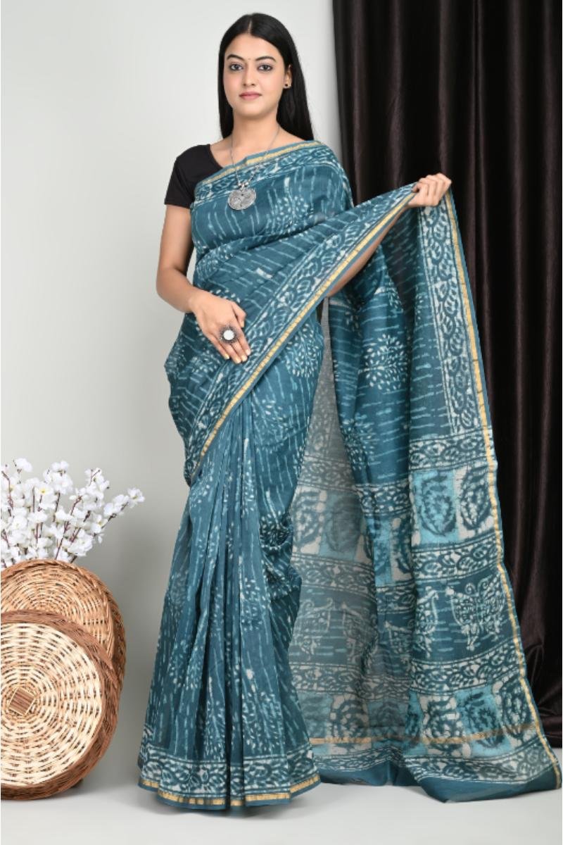 Chanderi Printed Saree Teal Striped Motif (Front View) | BagruPrintCrafts