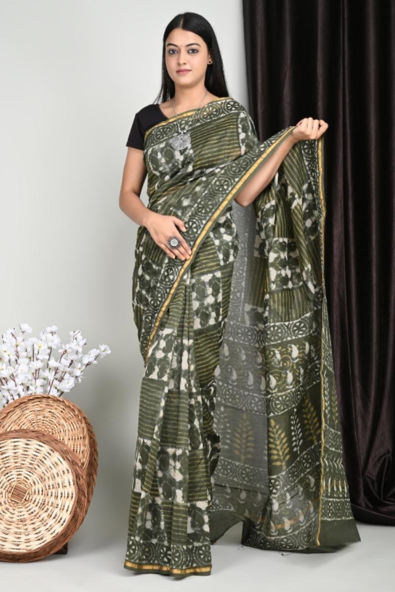 Hand Block Printed Chanderi Saree Olive Striped Panels (Front View) | BagruPrintCrafts