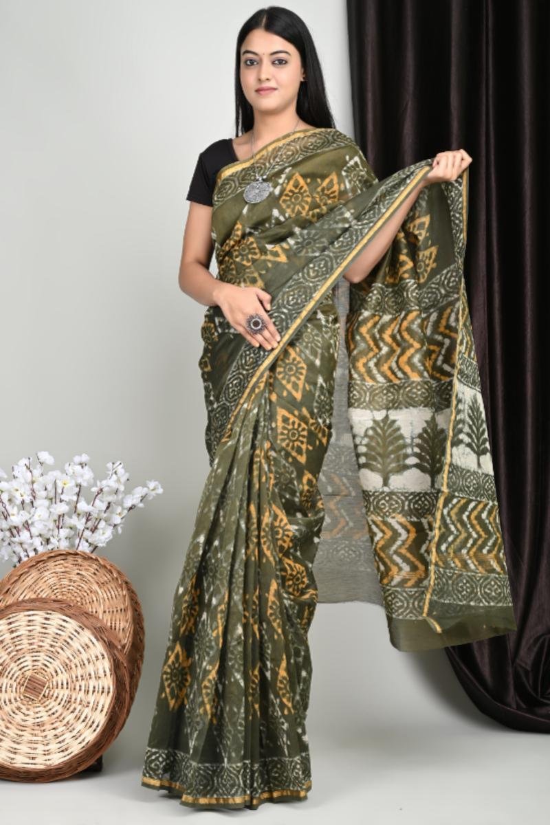 Saree Chanderi Silk Olive Mustard Chevron Border (Front View) | BagruPrintCrafts