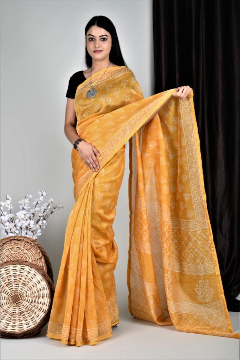 Hand Block Printed Chanderi Saree Mustard Paisley Pattern (Front View) | BagruPrintCrafts