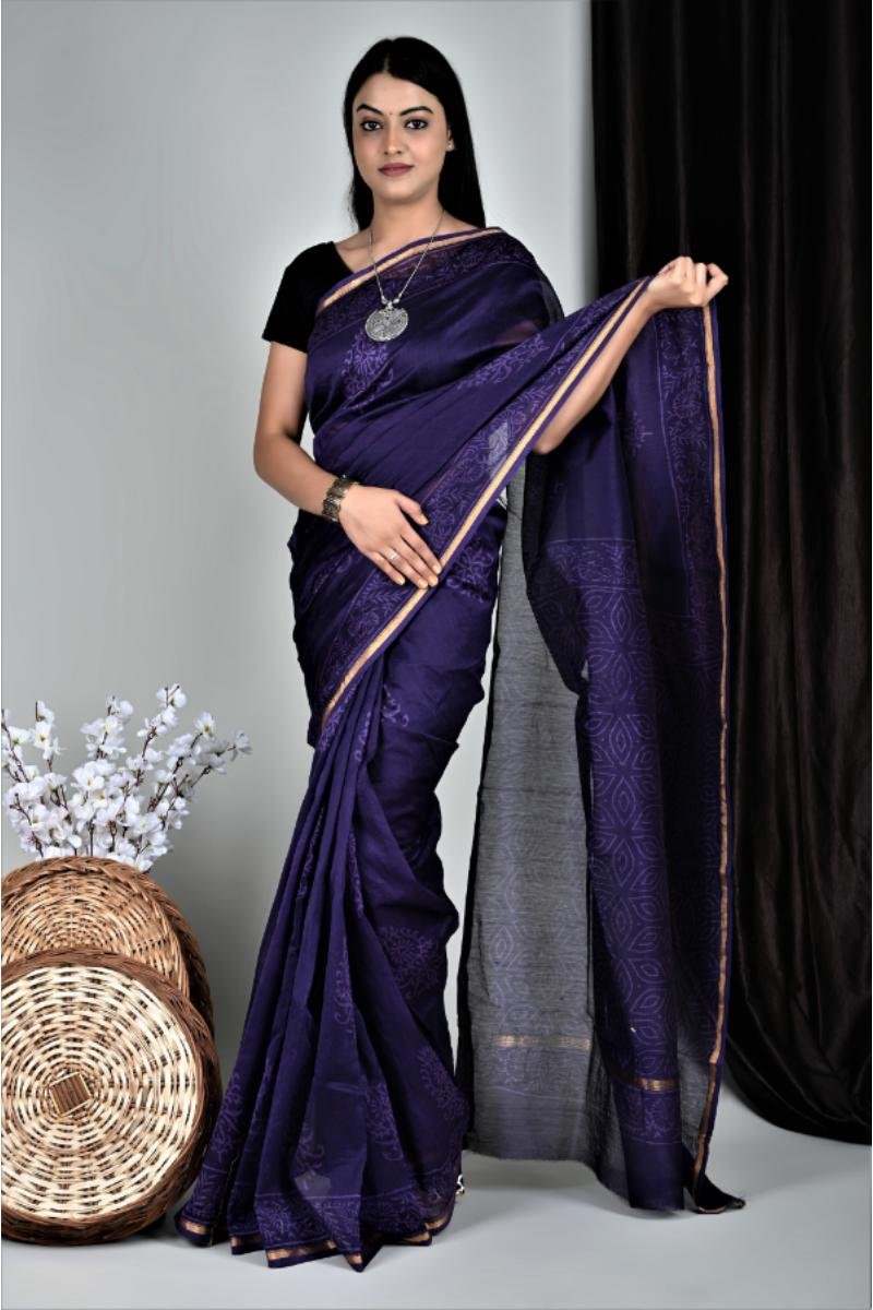 Chanderi Bagru Print Saree Purple Leaf Motif (Front View) | BagruPrintCrafts