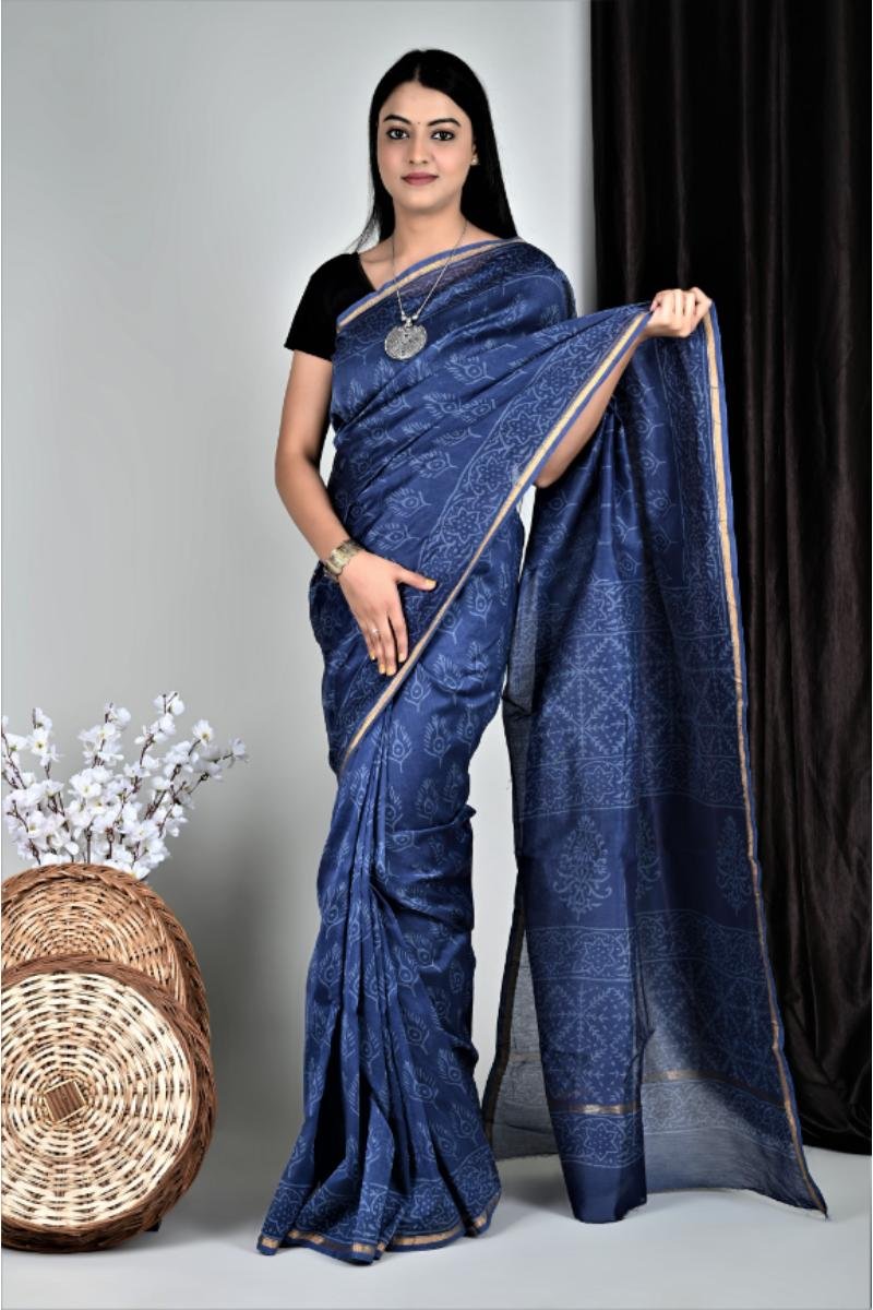 Chanderi Printed Saree Nevy Paisley Pattern (Front View) | BagruPrintCrafts