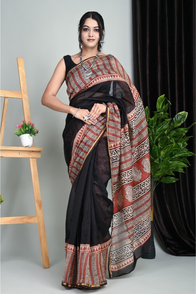 chanderi block print saree - Black Geometric Hand Block (Front View) | BagruPrintCrafts