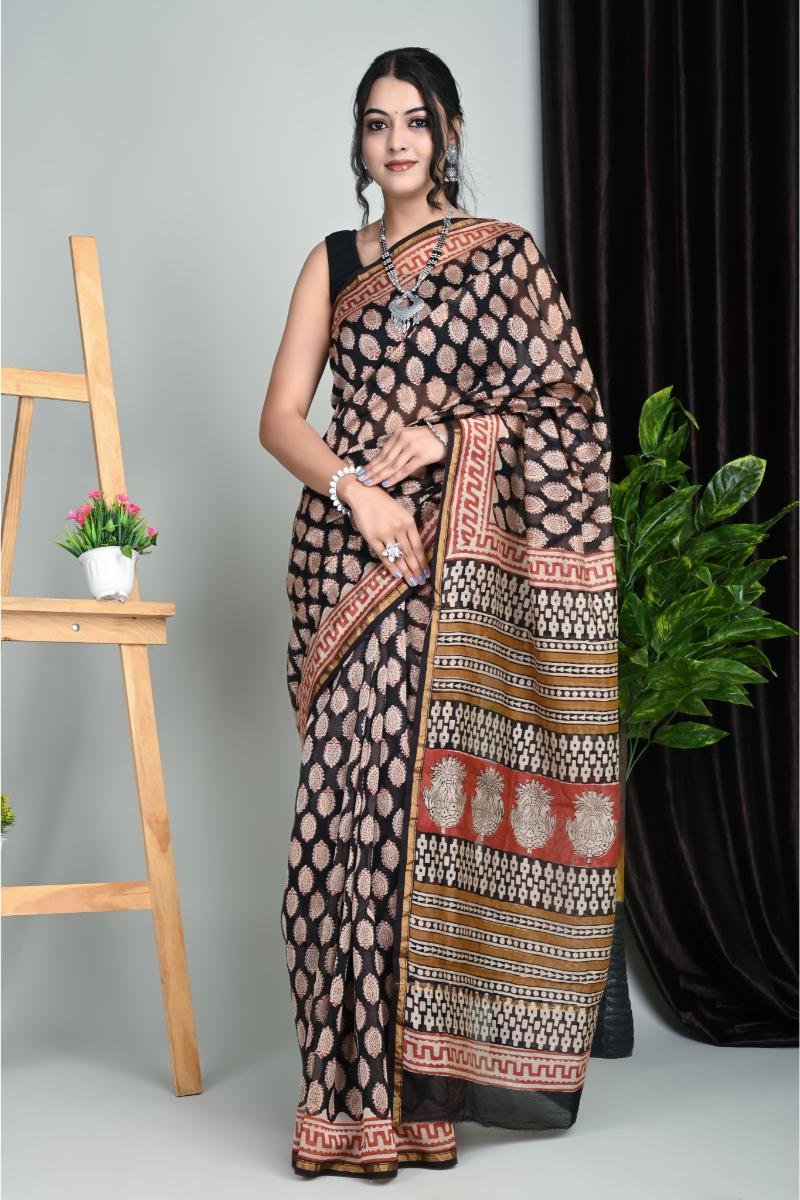chanderi silk sarees - Black jaipuri print Hand Block (Front View) | BagruPrintCrafts