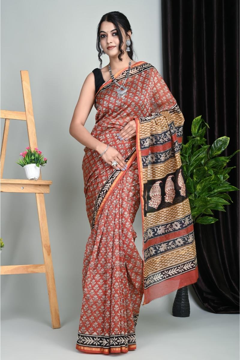 hand block printed chanderi silk saree (Front View) | BagruPrintCrafts