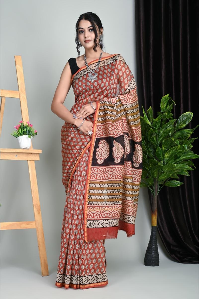 chanderi bagh print sarees - Rust Buti Print Hand Block (Front View) | BagruPrintCrafts