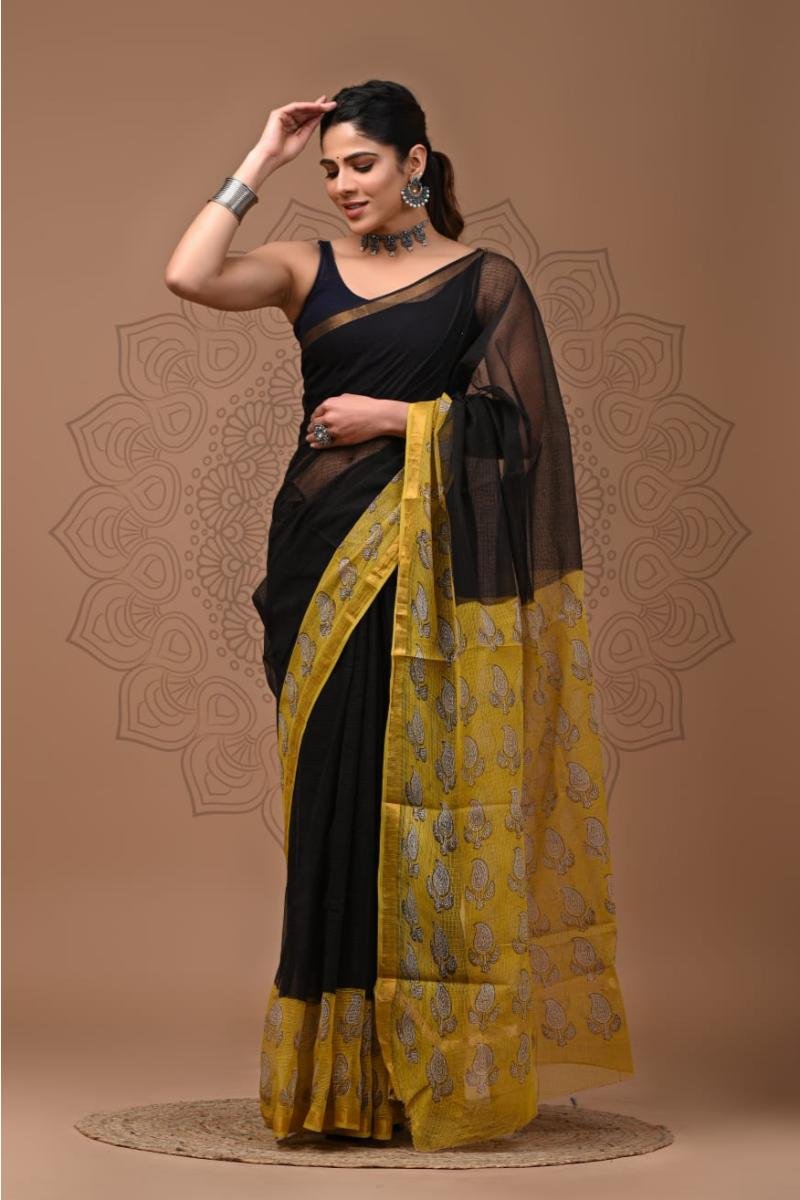 Jaipur Kota Sarees - Black Yellow Paisley Lightweight (Front View) | BagruPrintCrafts