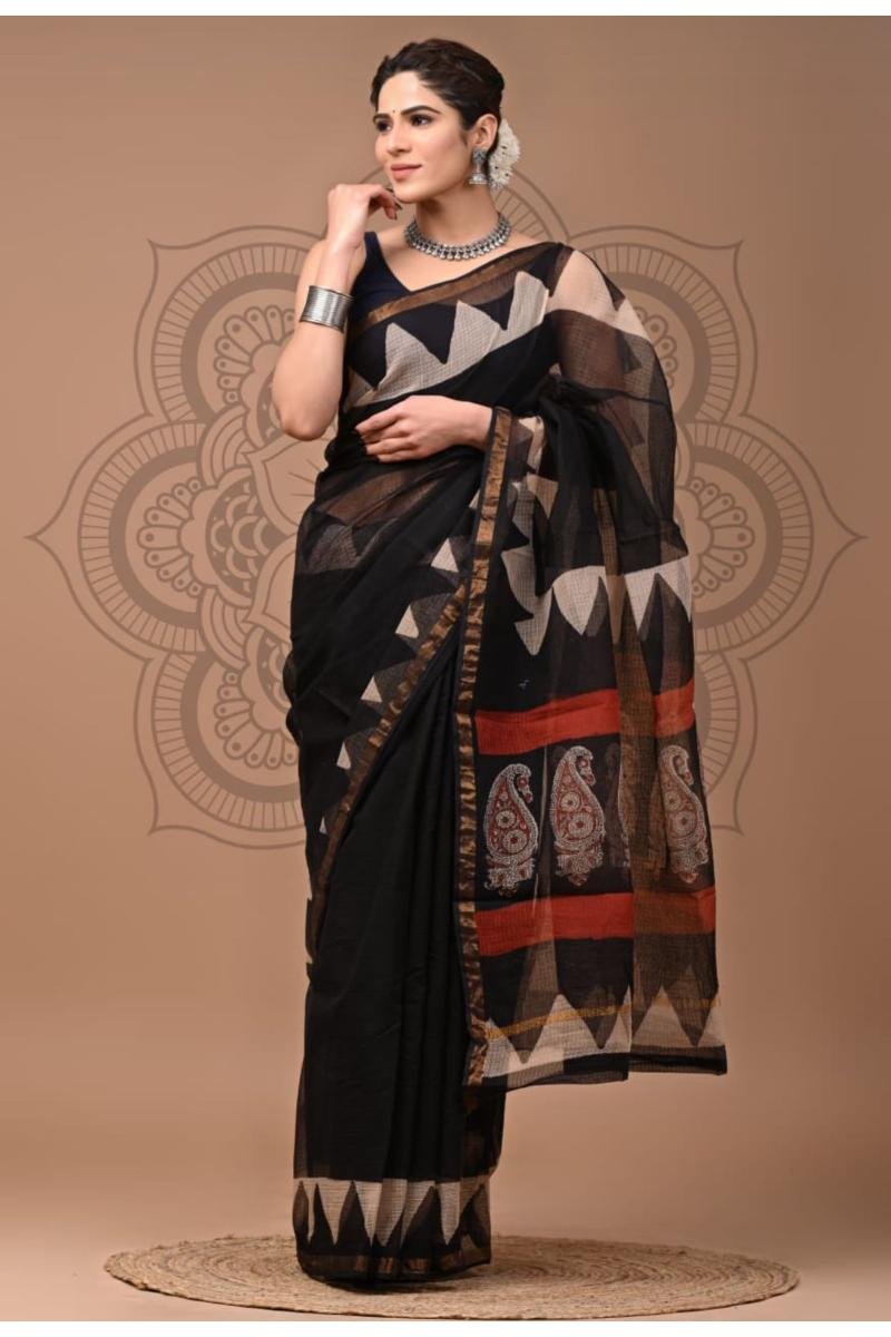 Kota Printed Saree - Black Paisley Border Lightweight-bagru print crafts by chandra textiles