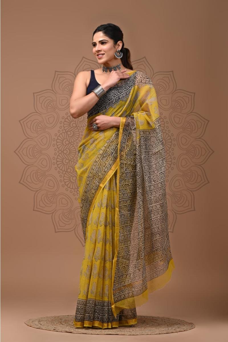 Kota Doria Block Print Saree - Yellow And Black (Front View) | BagruPrintCrafts