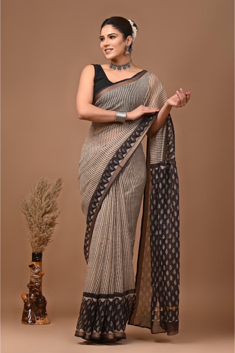 Raj Kota Sarees - Yellow Block Motifs Vibrant Kota Doriya Fabric Saree - Grey Black Leaf Border (Front View) | BagruPrintCrafts