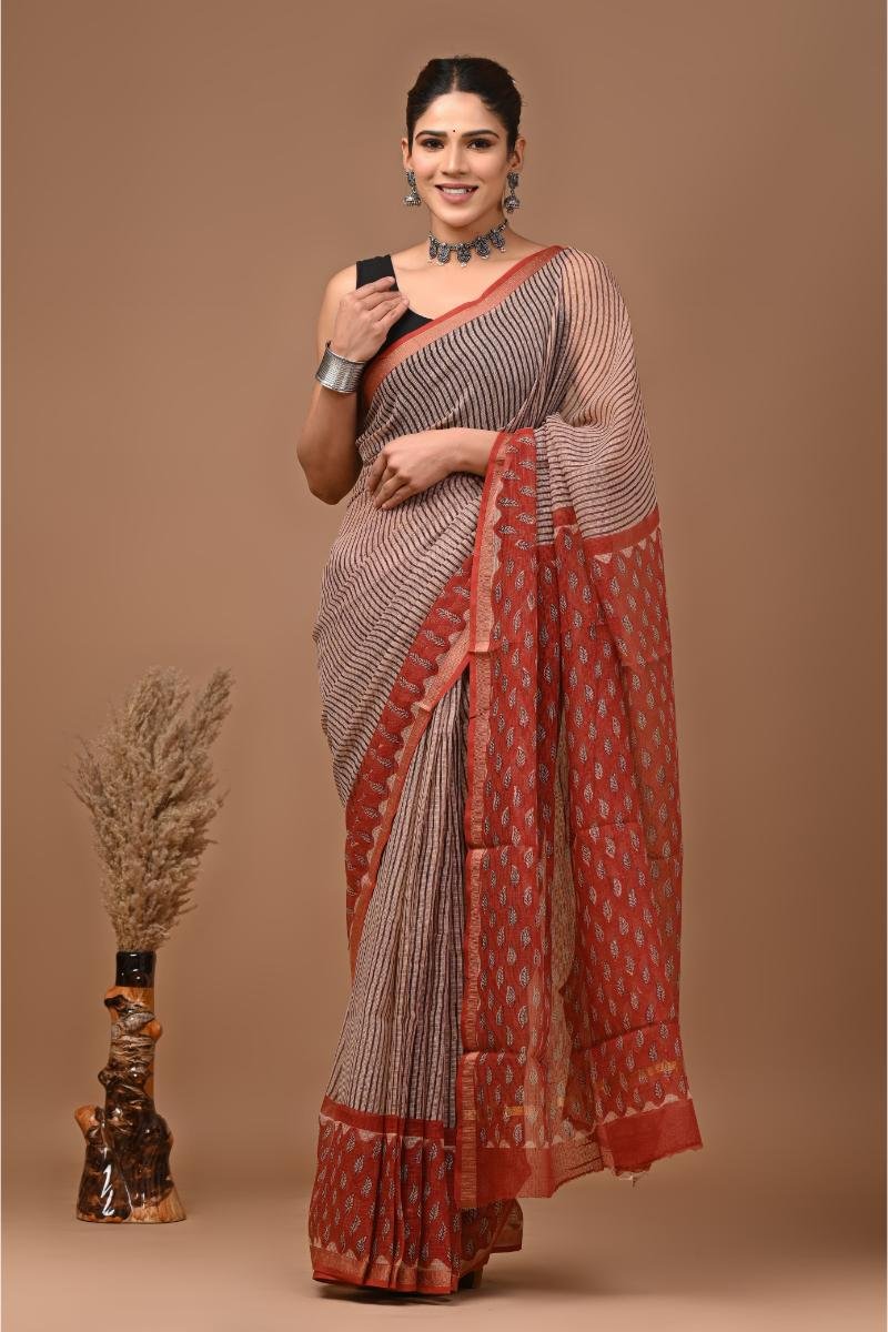 Bagh Print Kota Doria Saree - Grey And Red Striped (Front View) | BagruPrintCrafts