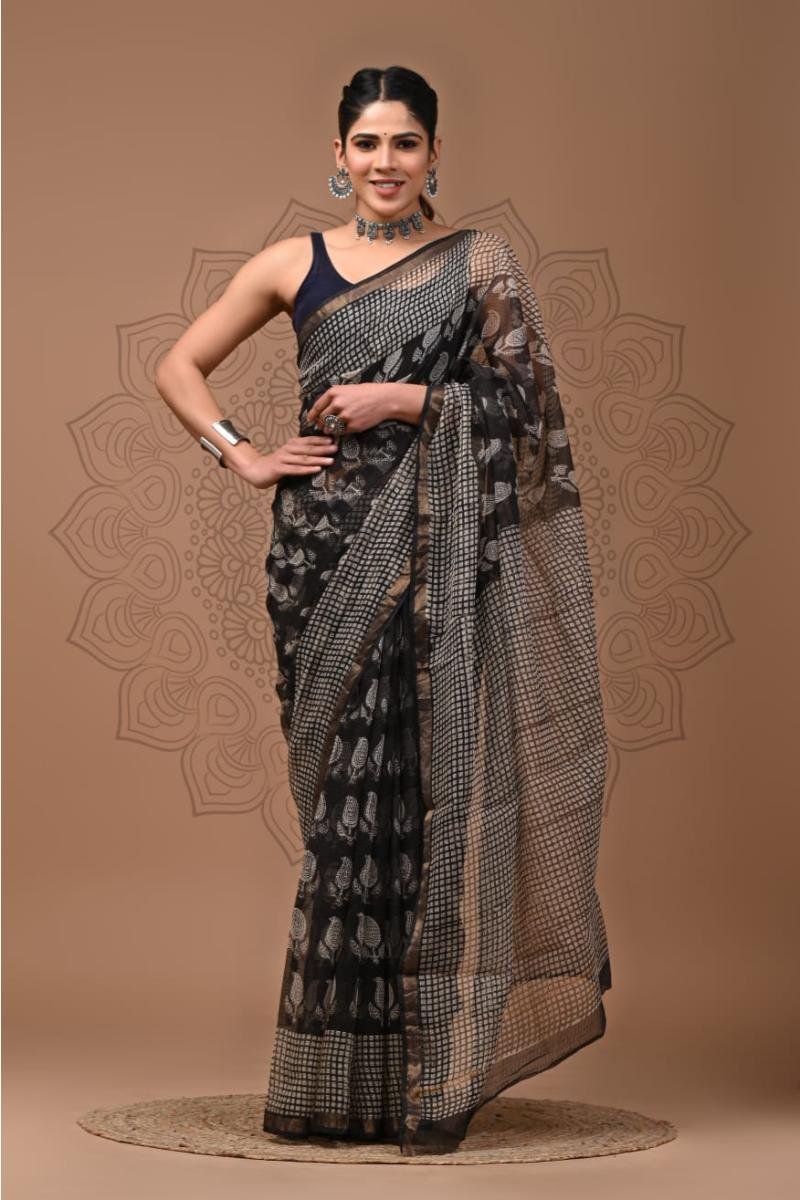 Kota Sarees In Jaipur - Black Silver Motifs (Front View) | BagruPrintCrafts