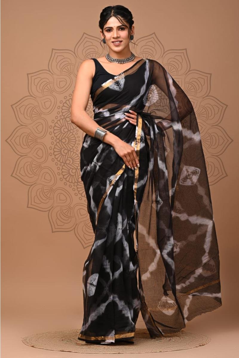 Kota Saree Rajasthan - Black And White Checks (Front View) | BagruPrintCrafts