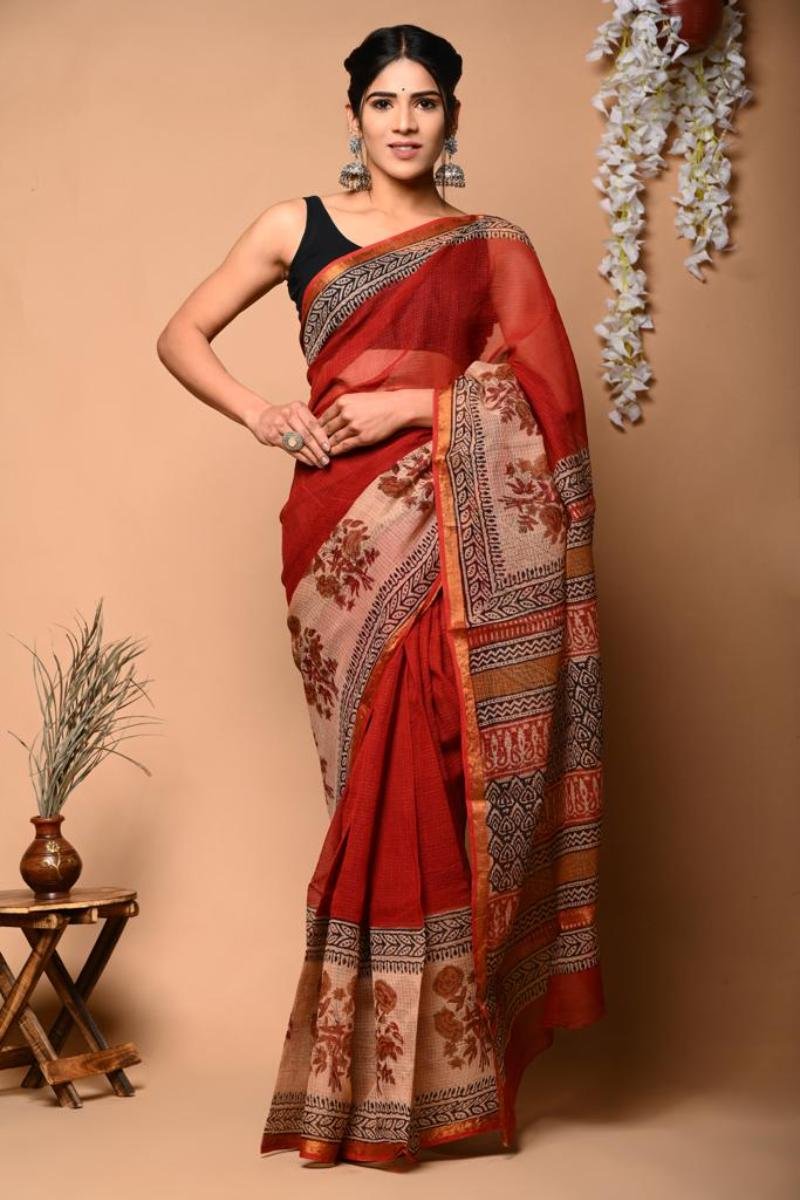 Doriya Kota Saree - Red Floral Border Traditional (Front View) | BagruPrintCrafts