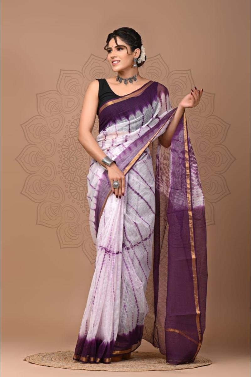 Doria Kota Saree - Purple And White Shibori (Front View) | BagruPrintCrafts