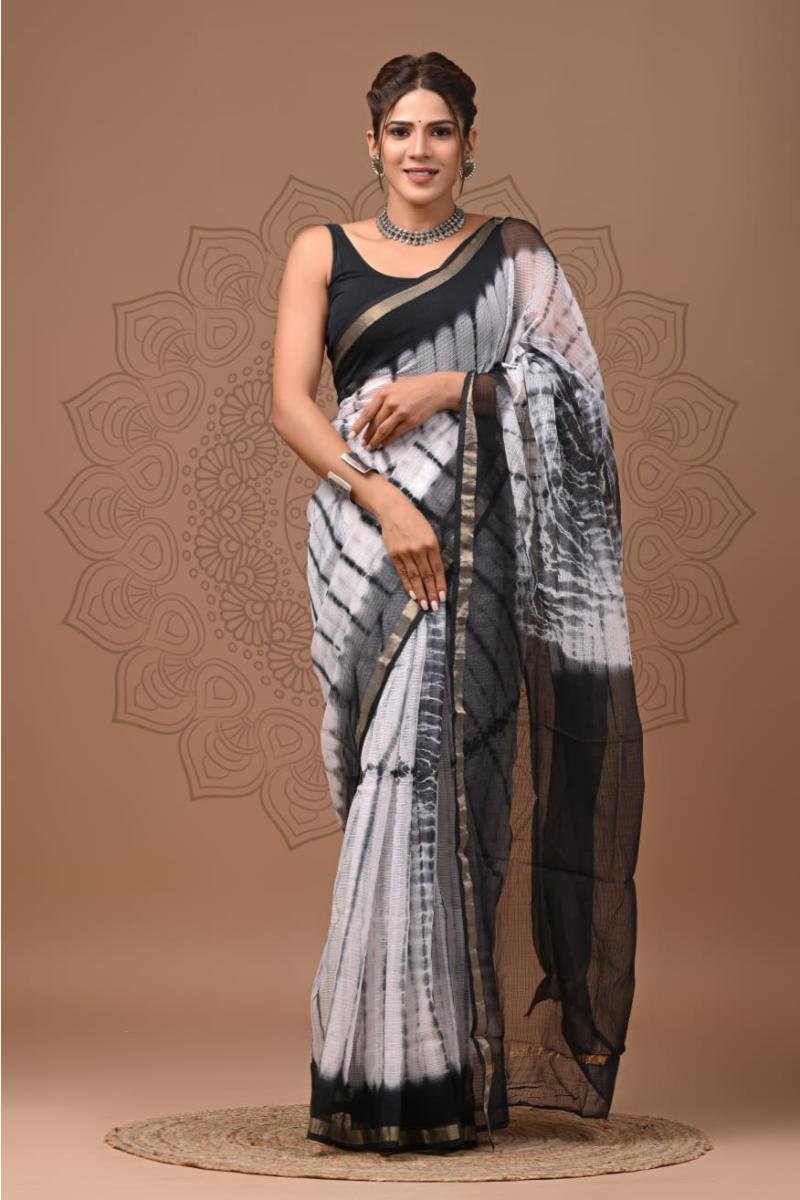 Tie N Dye Kota Saree - Black And White Shibori (Front View) | BagruPrintCrafts