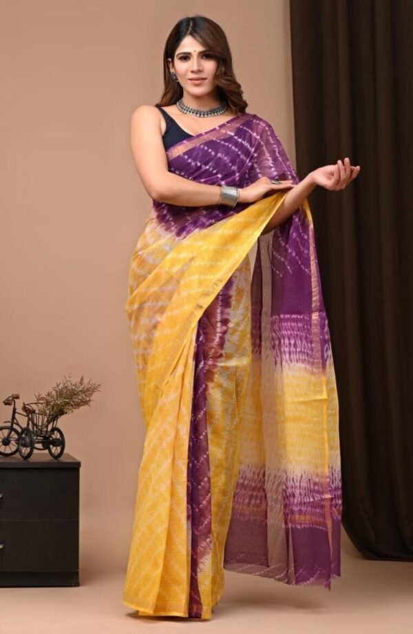 Jaipur Kota Sarees - Yellow And Purple Lahriya (Front View) | BagruPrintCrafts