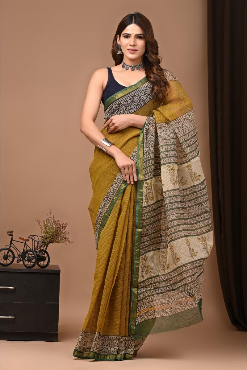 Kota Doria Zari Sarees - Mustard Yellow Floral Pallu (Front View) | BagruPrintCrafts