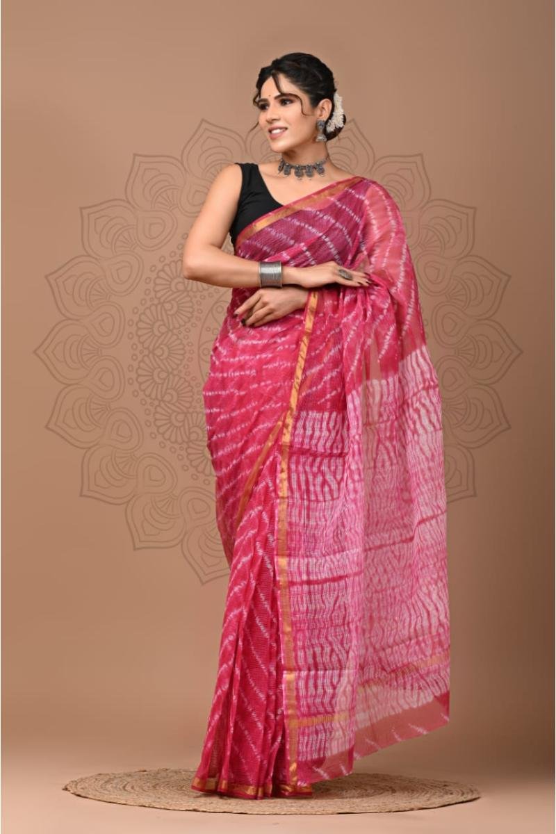 Kota Doria Printed Saree - Pink Lahriya Lightweight (Front View) | BagruPrintCrafts