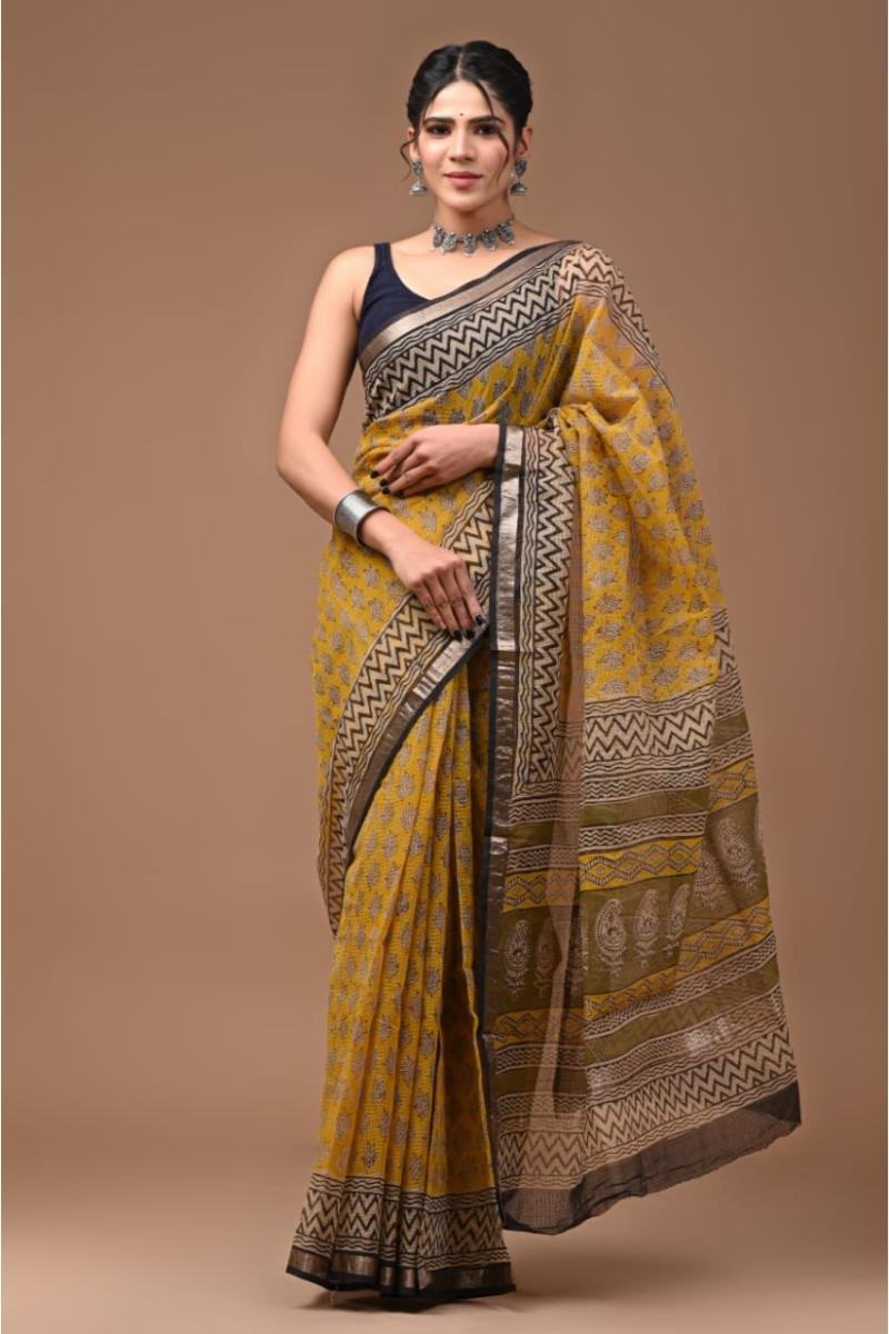 Kota Doria Block Print Saree - Mustard Geometric (Front View) | BagruPrintCrafts