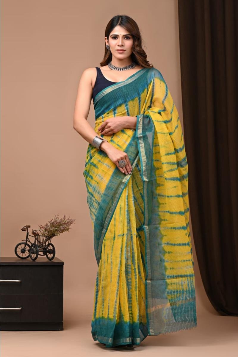 Raj Kota Sarees - Yellow And Teal Tie-Dye (Front View) | BagruPrintCrafts