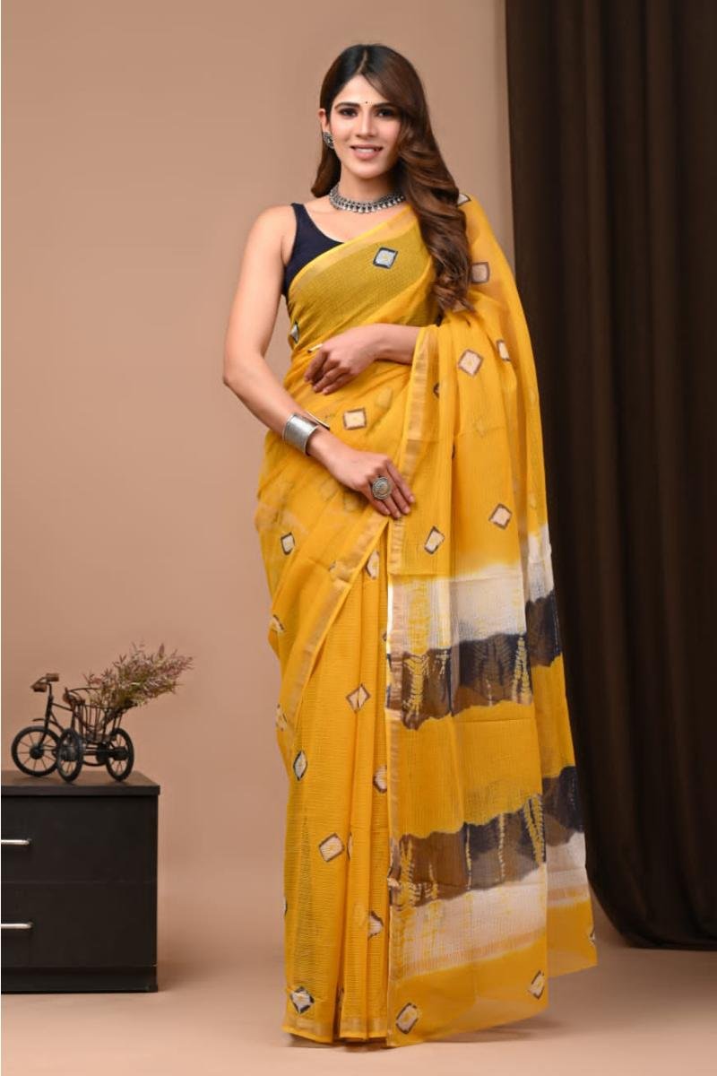 Kota Doriya Fabric Saree - Yellow Diamond Motifs (Front View) | BagruPrintCrafts