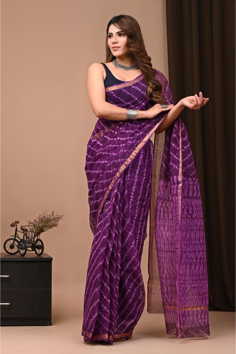 Kota Saree Rajasthan - Purple Lahriya Lightweight (Front View) | BagruPrintCrafts