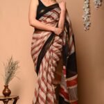 Jaipur Kota Cotton Sarees - Beige And Red Striped (Front View) | BagruPrintCrafts