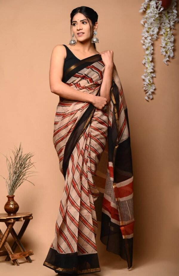 Jaipur Kota Cotton Sarees - Beige And Red Striped (Front View) | BagruPrintCrafts