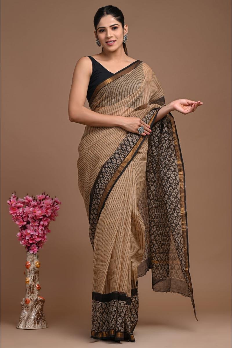 Kota Doria Sarees Jaipur - Beige Black Motif Pallu Classic (Front View) | BagruPrintCrafts