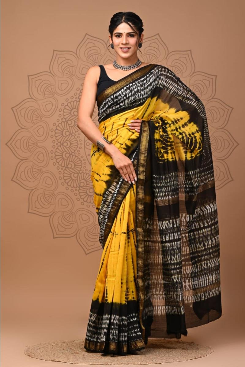 Yellow Maheshwari Saree - Sunshine Tie-Dye (Front View) | BagruPrintCrafts