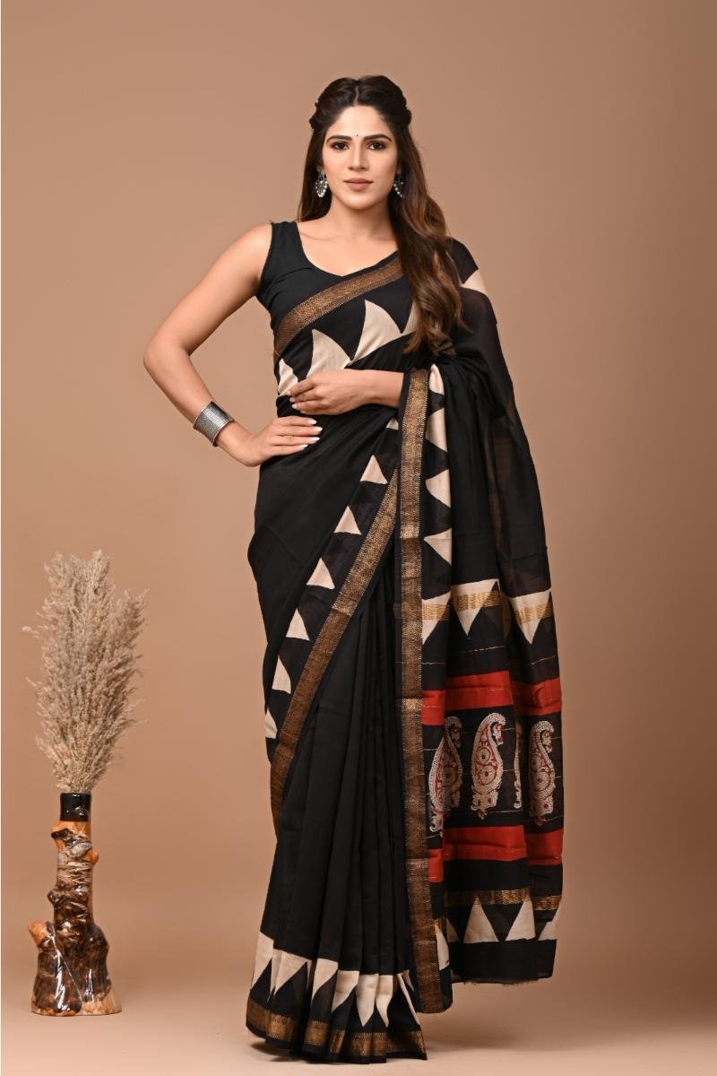 Original Maheshwari Sarees - Black White Geometric Print (Front View) | BagruPrintCrafts