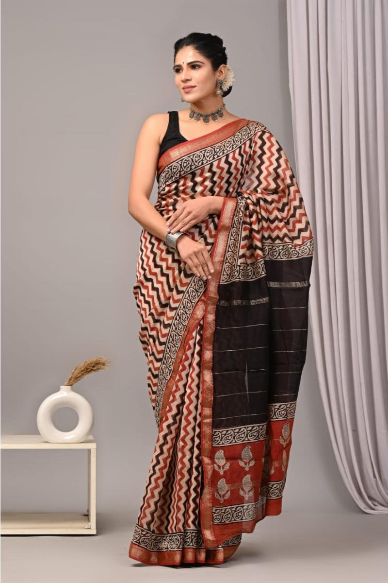 Maheshwari Silk Cotton Sarees - Brown Black Zigzag Print (Front View) | BagruPrintCrafts