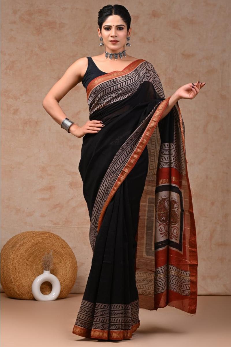 Maheshwari Silk Cotton Sarees - Black Brown Border Print (Front View) | BagruPrintCrafts