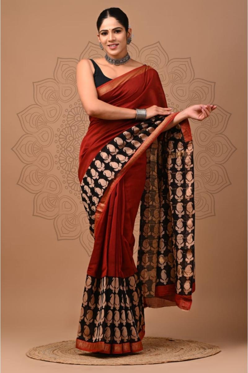Bagru Print Silk Saree - Maroon Black Hand Block (Front View) | BagruPrintCrafts