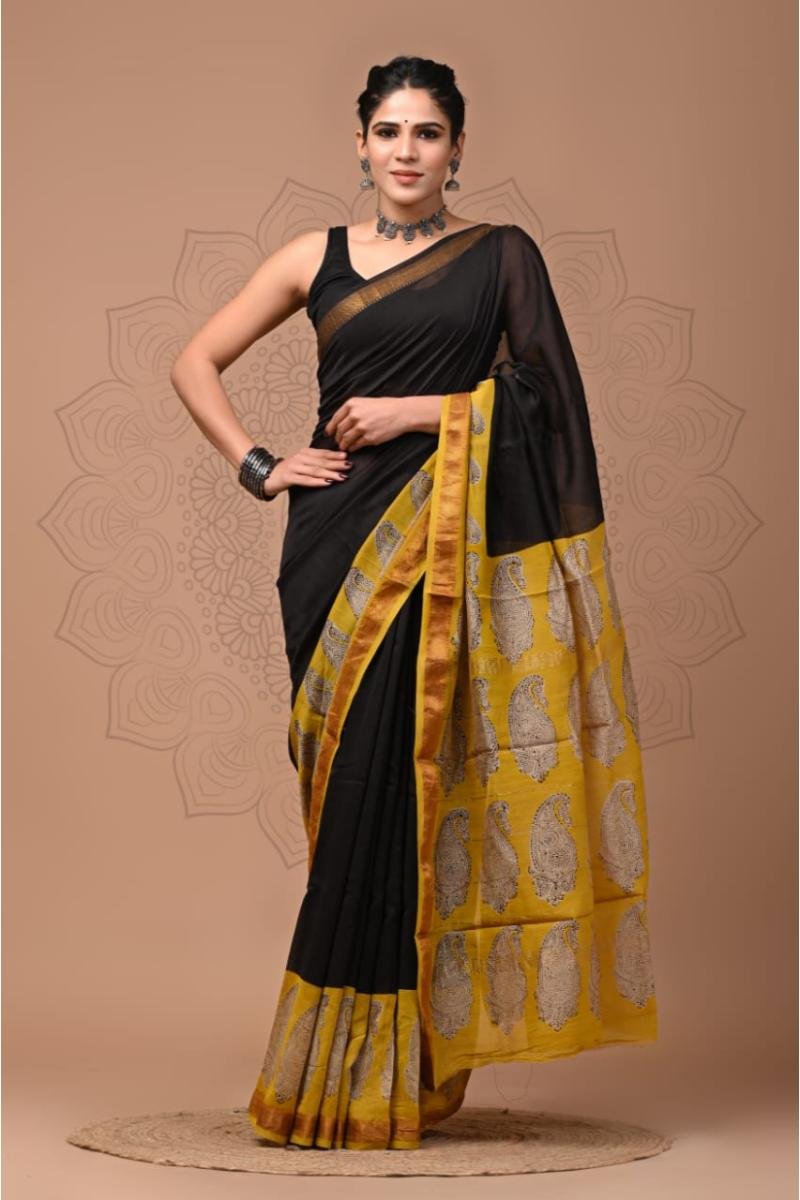 Maheshwari Silk Cotton Sarees - Black Yellow Paisley Print (Front View) | BagruPrintCrafts