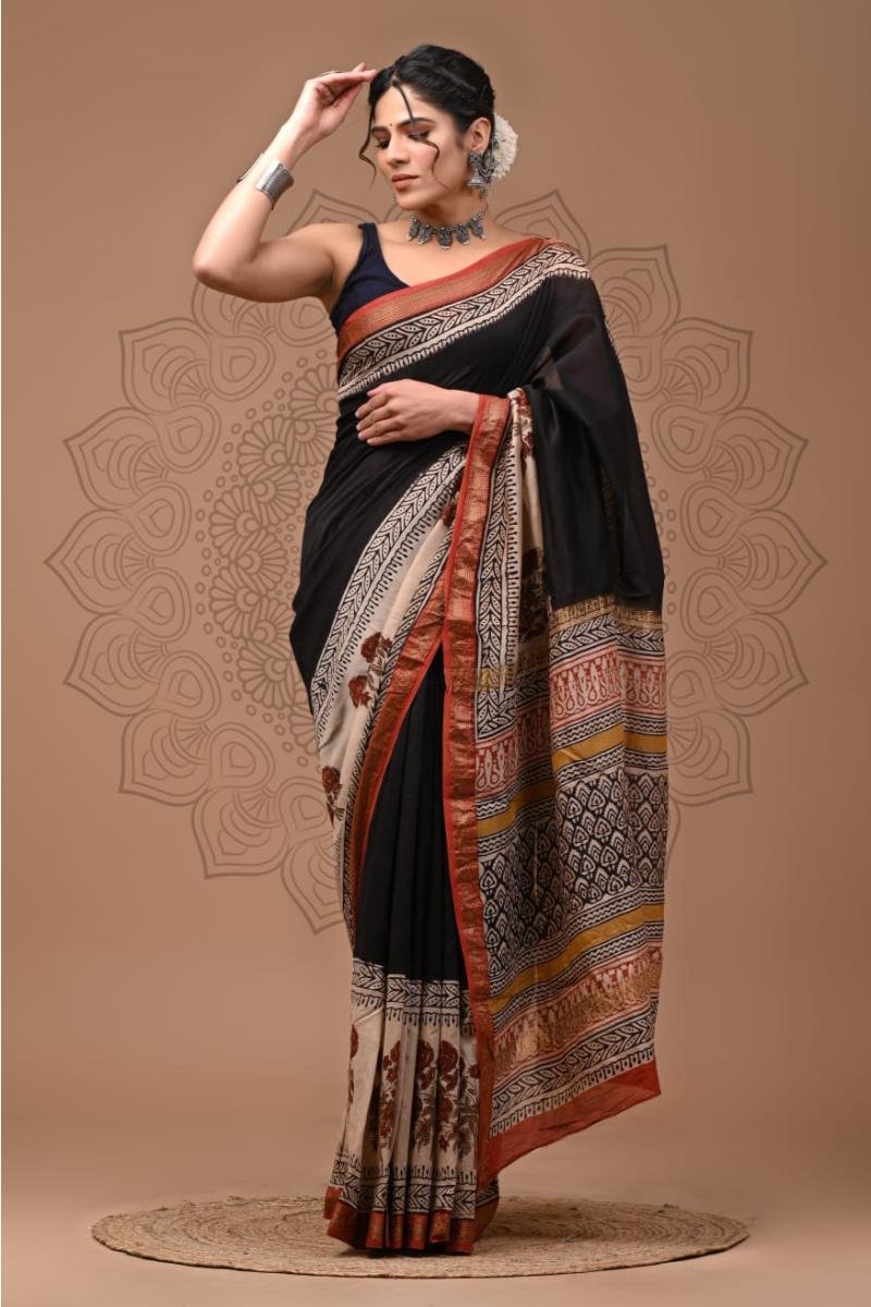 Bagru Print Silk Saree - Black Beige Hand Block (Front View) | BagruPrintCrafts